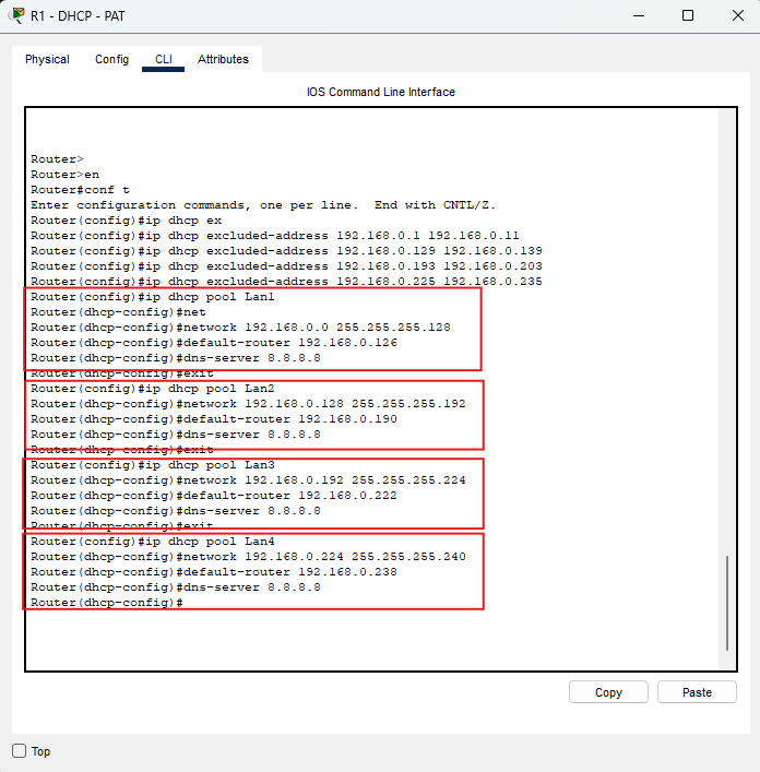 Pool DHCP configurati per LAN1, LAN2, LAN3 e LAN4