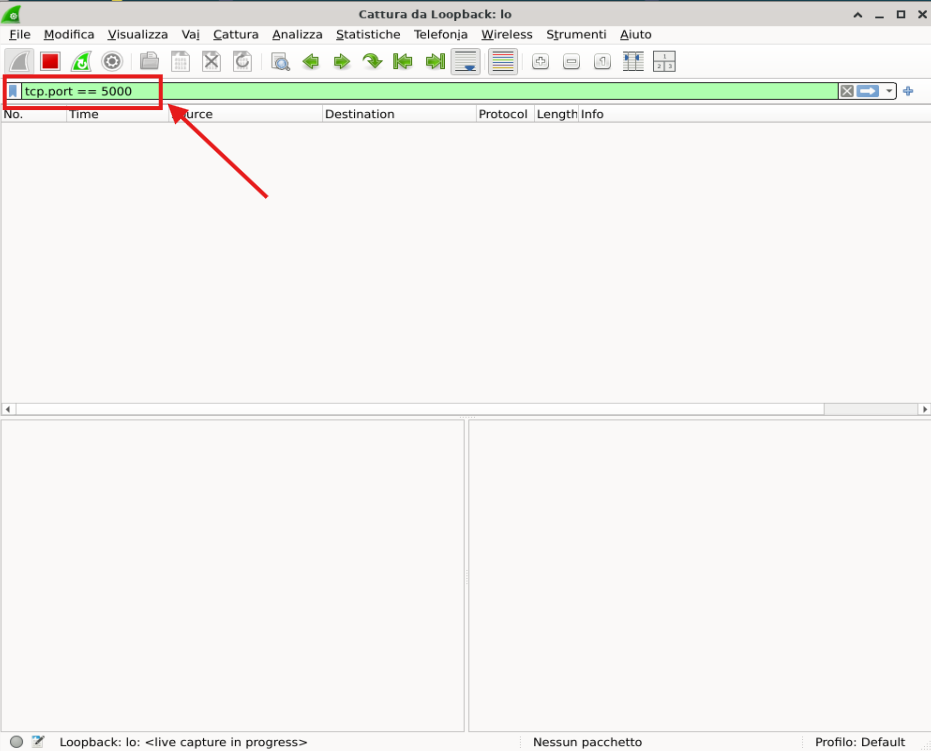 Cattura Wireshark su loopback con il filtro di visualizzazione tcp.port == 5000 nella barra verde.