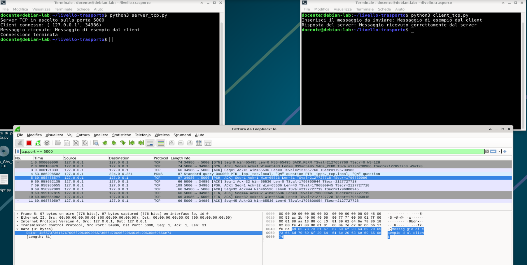 Terminali Python con il messaggio e la risposta; selezionato in Wireshark il segmento client verso server, Seq 1 e Len 31.