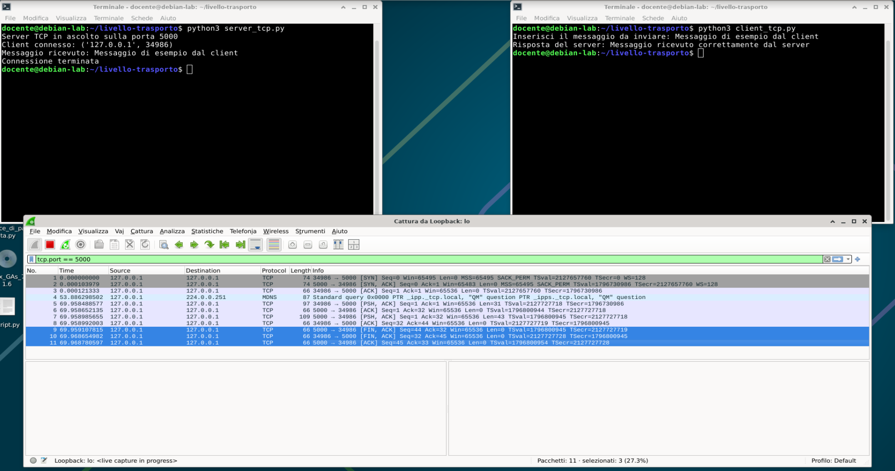 Wireshark evidenzia gli ultimi tre segmenti TCP: FIN ACK dal server, FIN ACK dal client e ACK finale del server.
