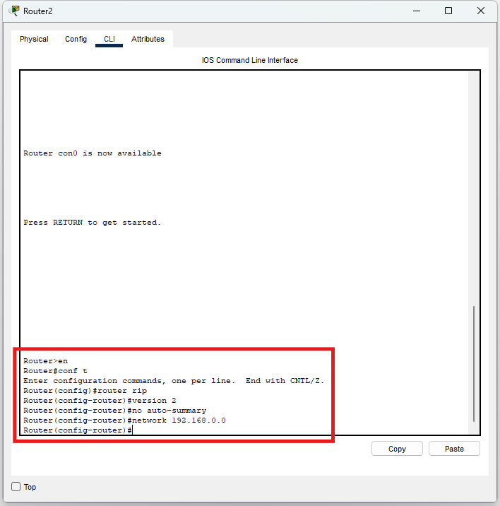 Screenshot configurazione RIPv2 su Router2