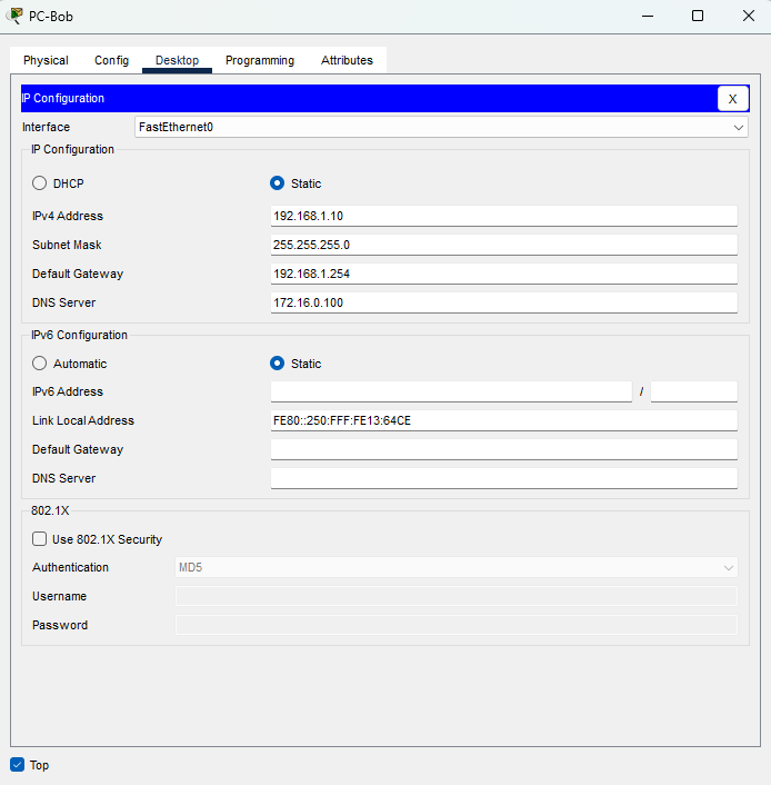 Configurazione IPv4 di PC-Bob