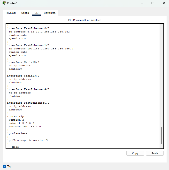 Estratto della configurazione di Router0 — LAN di Bob