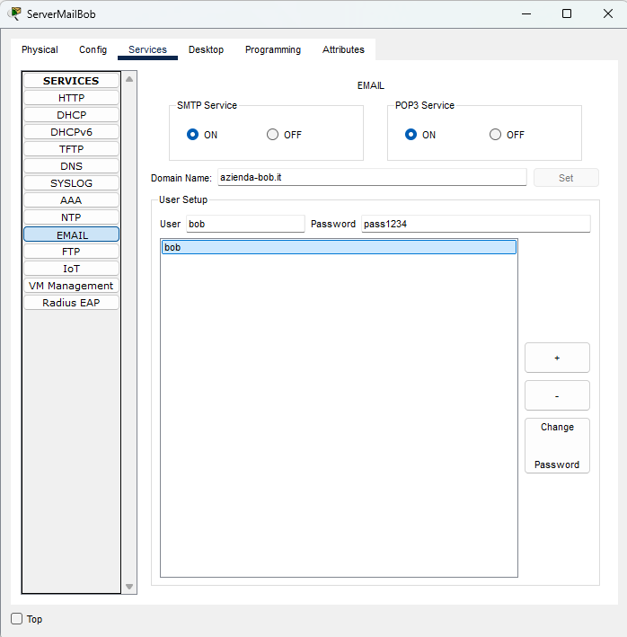 Servizi SMTP e POP3 e account bob sul server di posta di Bob