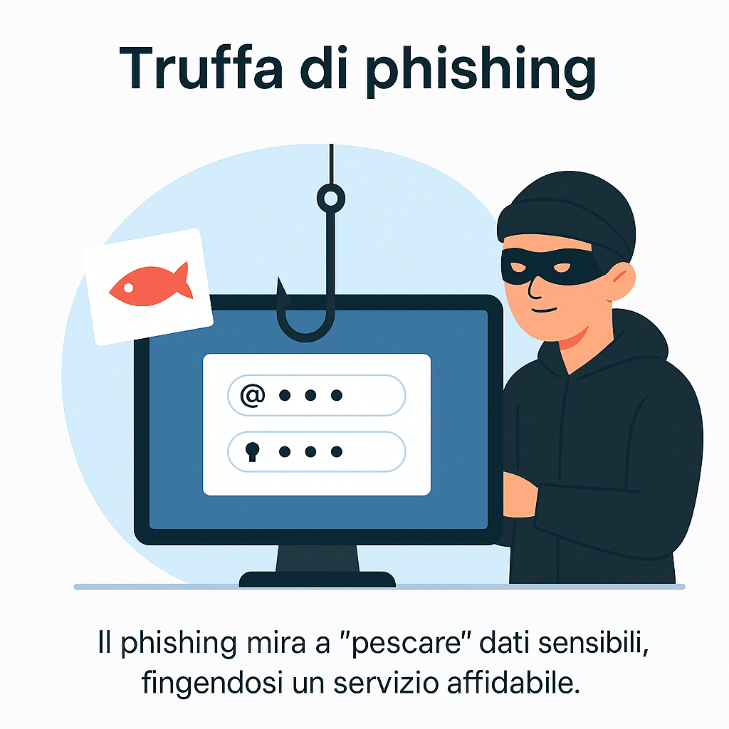 Illustrazione di un criminale informatico che usa un amo da pesca per rubare credenziali da un computer